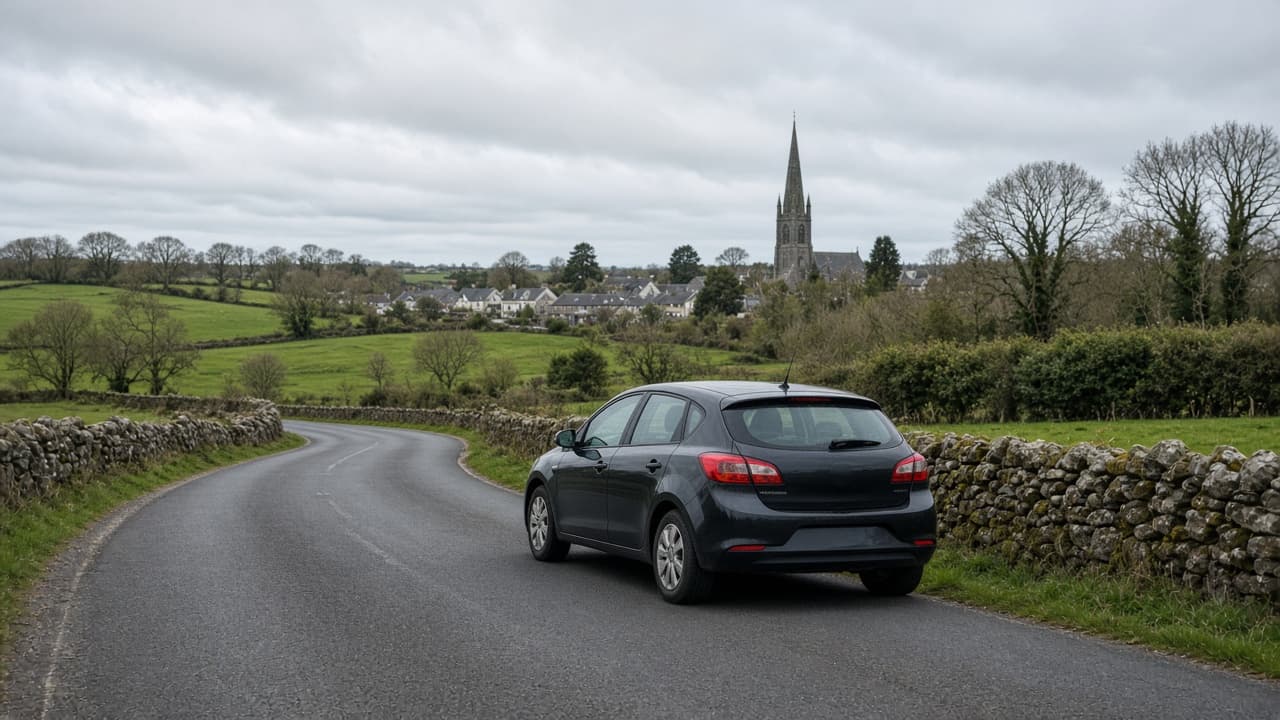 A County Meath road photographed from a moving car during a driving lesson.