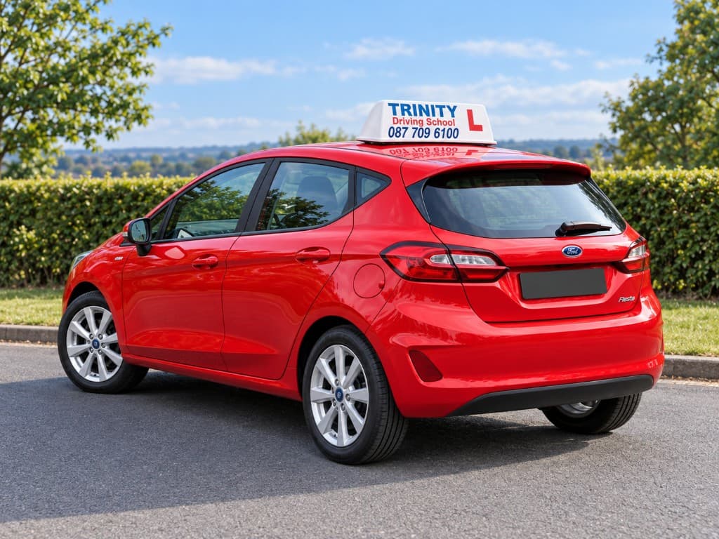 Red Trinity Driving School training car used for manual lessons.